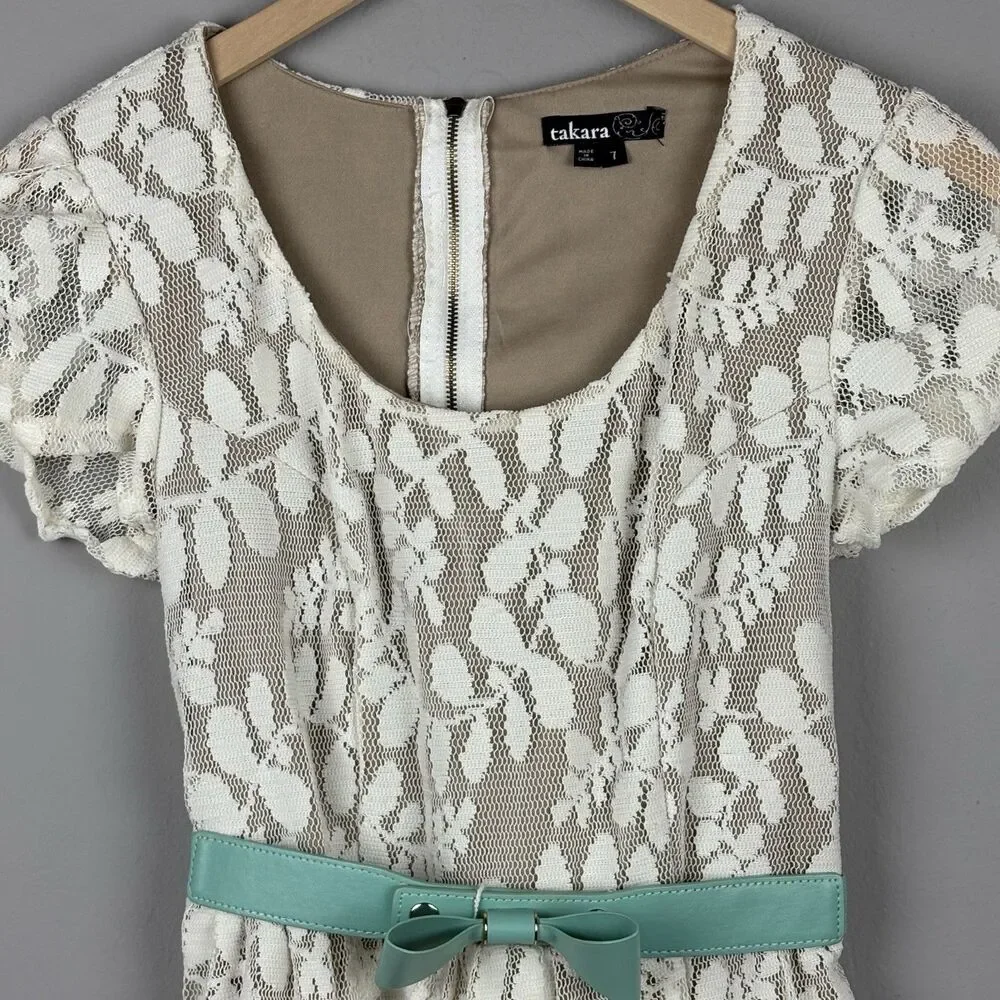 Lace Dress Girls 7 Ivory Bow Belt Coquette Communion Easter Special Occasion
